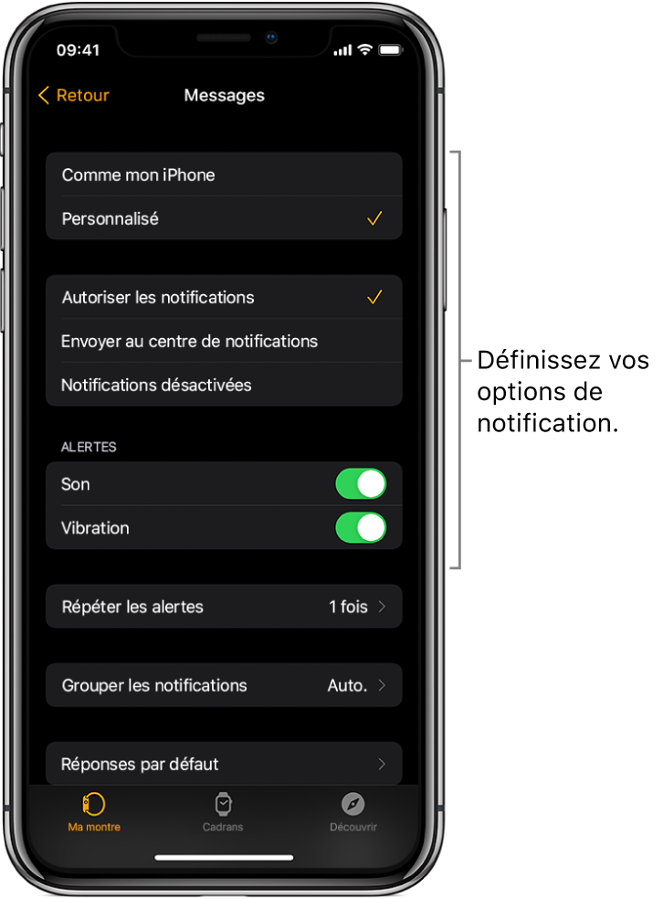 Réglages Messages dans l’app Apple Watch sur l’iPhone. Vous pouvez choisir d’afficher ou non les alertes, activer le son et les vibrations, et répéter les alertes.