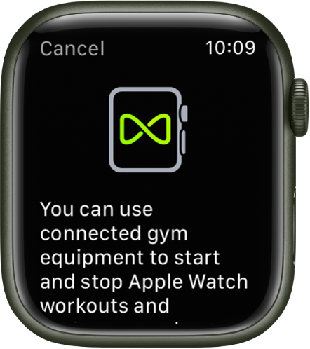 Susiejimo ekranas, kuris pasirodo susiejus „Apple Watch“ su sporto įranga.