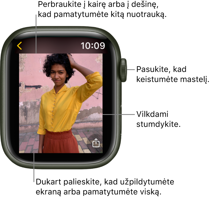 Peržiūrėdami nuotrauką pasukite „Digital Crown“, kad keistumėte mastelį, vilkite nuotraukos rodinį arba dukart palieskite, kad perjungtumėte visos nuotraukos arba viso ekrano režimą. Perbraukite į kairę arba į dešinę, kad pamatytumėte tolesnę nuotrauką. Palieskite mygtuką „Watch Face“, esantį ekrano apačioje kairėje, norėdami sukurti laikrodžio ciferblatą iš nuotraukos.
