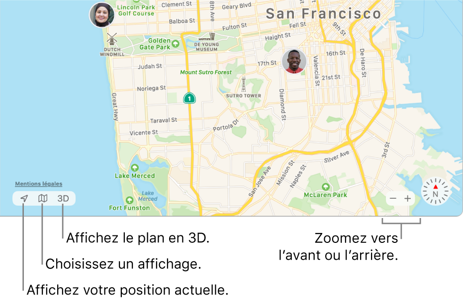 Affichage de la fenêtre Localiser montrant la position de personnes sur un plan. En bas à gauche, des boutons vous servent à voir votre position actuelle, choisir une présentation et afficher le plan en 3D. En bas à droite, utilisez les boutons de zoom pour effectuer un zoom avant ou arrière sur le plan.