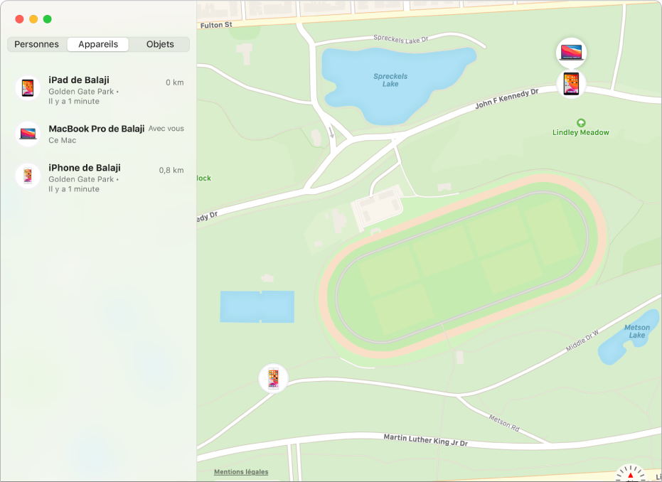 L’app Localiser affichant une liste d’appareils dans la barre latérale et leur position sur un plan sur la droite.