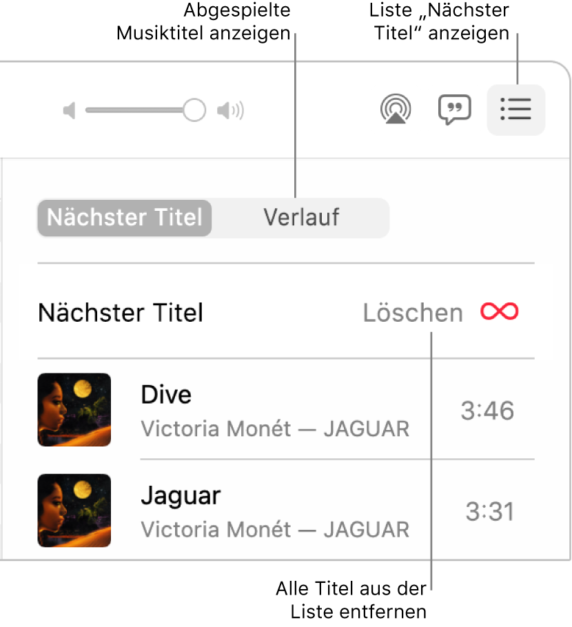Die rechte obere Ecke des Fensters „Musik“ mit der Taste „Nächster Titel“ im Banner, mit der die Liste „Nächster Titel“ geöffnet wurde. Klicke auf den Link „Verlauf“, um die zuletzt abgespielten Titel anzuzeigen. Klicke auf den Link „Löschen“, um alle Titel aus der Liste zu entfernen.