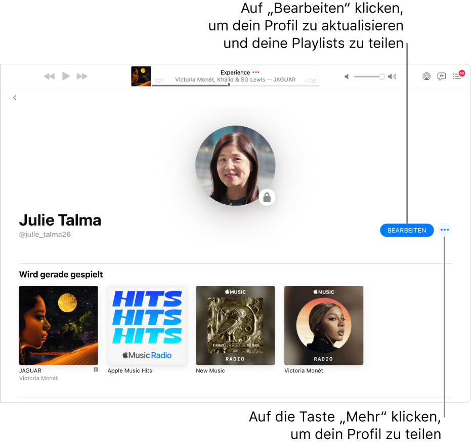 Die Profilseite in Apple Music: Klicke auf der rechten Fensterseite auf „Bearbeiten“, um festzulegen, wer dir folgen kann. Klicke rechts neben „Bearbeiten“ auf die Taste „Mehr“, um deine Musik zu teilen.
