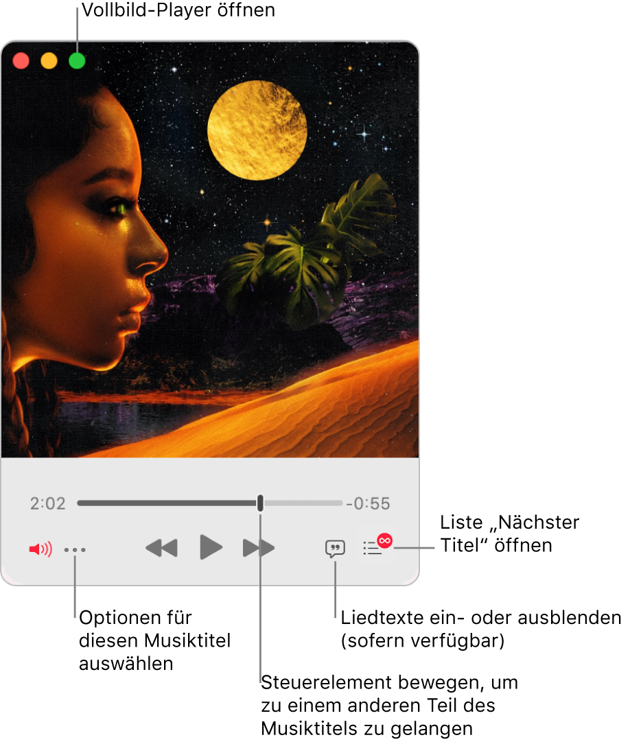 Der erweiterte MiniPlayer mit Steuerelementen für den gerade abgespielten Titel. Oben links befindet sich die grüne Taste, mit der der Vollbild-Player geöffnet wurde. Unten im Fenster ist ein Regler den bewegen kannst, um zu einem anderen Teil des Titel zu gelangen. Unter dem Regler befindet sich links die Taste „Mehr“, über die du Darstellungsoptionen und andere Optionen für die gerade abgespielten Titel auswählen kannst. Ganz rechts unter dem Regler sind zwei Tasten: die Taste „Liedtext“ zum Ein- oder Ausblenden von vorhandenen Liedtexten und die Taste „Nächster Titel“, um zu sehen, welche Titel als Nächstes gespielt werden.