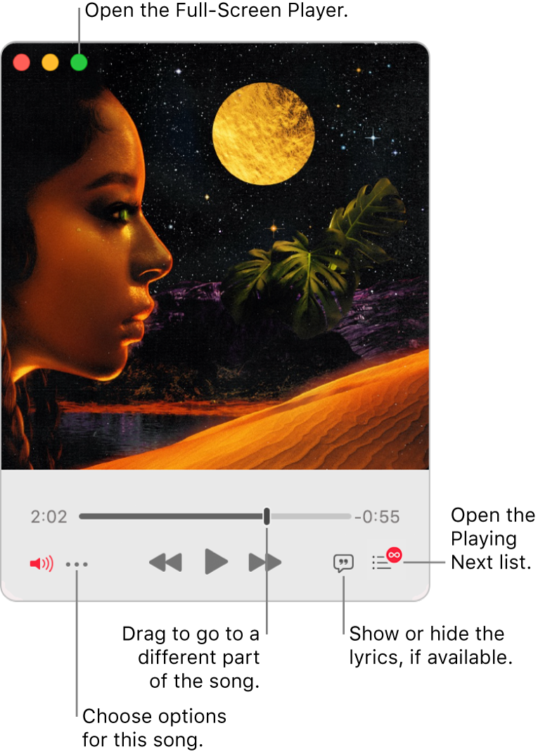 Expanded Mini Player showing the controls for the song that’s playing. In the top-left corner is the green button, used to open the Full Screen Player. In the bottom of the window is a slider that you can drag to go to a different part of the song. Under the slider on the left side is the More button, where you can choose view options and other options for the song that’s playing. On the far right under the slider are two buttons—the Lyrics button to show or hide available lyrics and the Playing Next button to see what’s playing next.