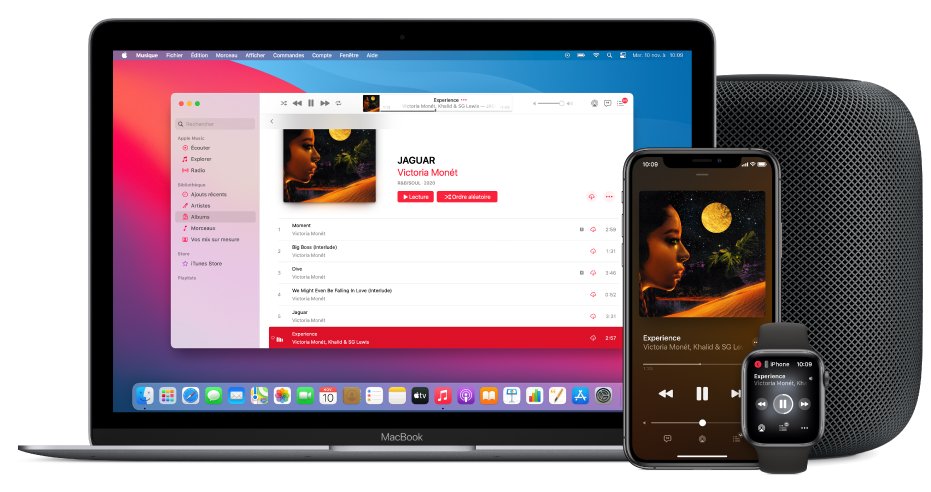 Un morceau en cours de lecture sur un Mac, un iPhone et une Apple Watch, avec un HomePod.