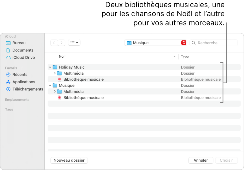 La fenêtre Finder montrant plusieurs bibliothèques : une pour la musique de Noël et l’autre pour le reste de votre musique.