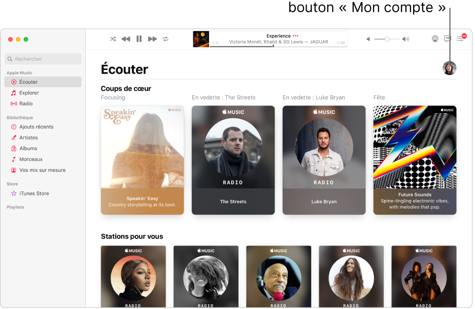 La fenêtre Apple Music montrant Écouter. Le bouton « Mon compte » (qui ressemble à une photo ou à un monogramme) se trouve dans le coin supérieur droit de la fenêtre.