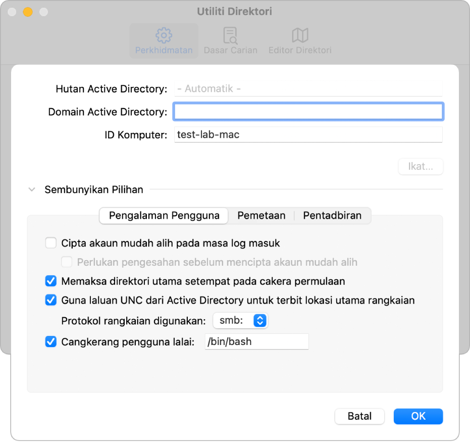 Dialog konfigurasi Active Directory dengan bahagian pilihan dikembangkan.