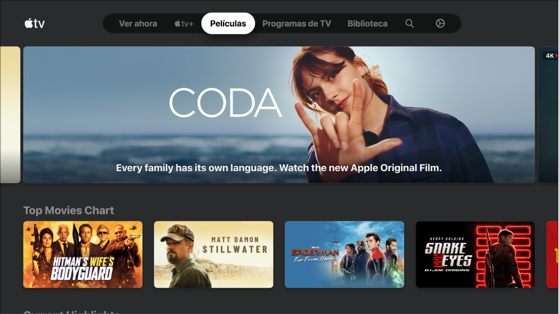 Pantalla que muestra Películas