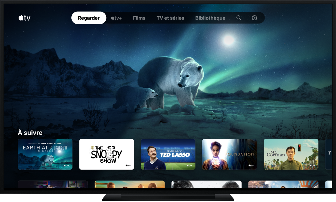 L’app Apple TV telle qu’elle apparaît sur l’écran d’un téléviseur