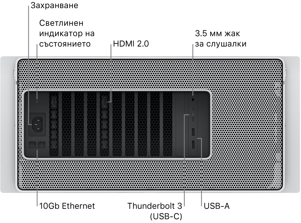 Изглед отзад на Mac Pro, който показва порта за захранване, светлина на индикатора на състоянието, два HDMI 2.0 порта, 3.5 мм жак за слушалки, два 10 Gigabit Ethernet порта, два Thunderbolt 3 (USB-C) порта и два USB-A порта.