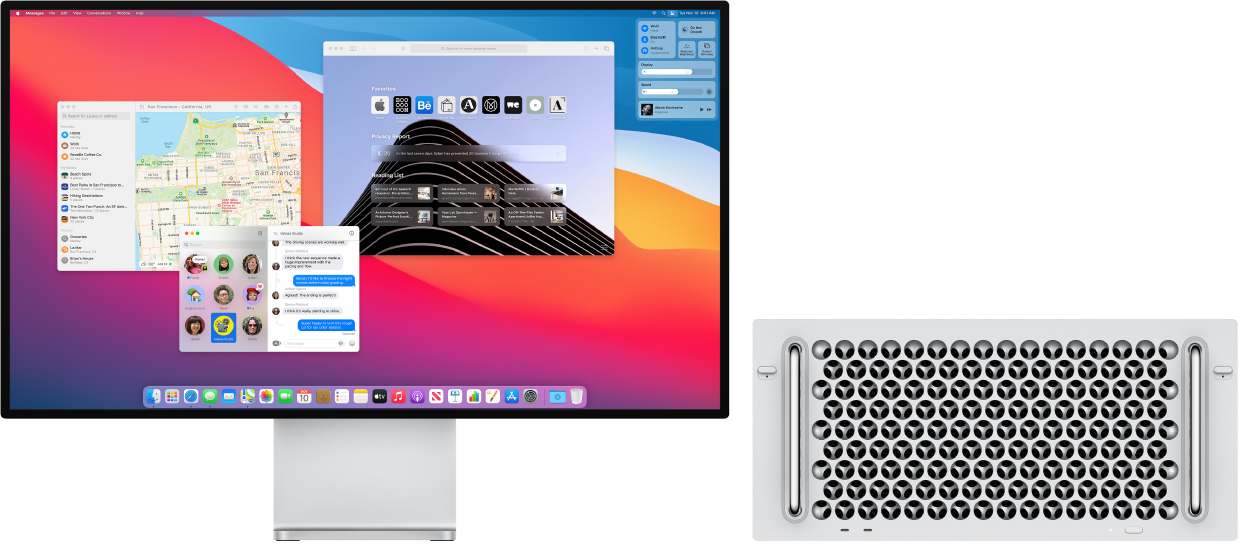 Mac Pro, свързан към монитор Pro Display XDR, работната площ показва Control Center (Контролен център) и няколко отворени приложения.
