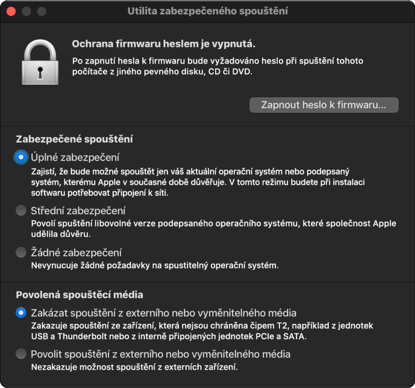 Otevřené okno Utility zabezpečeného spouštění se zaškrtnutými volbami zabezpečeného spouštění a externího spouštění