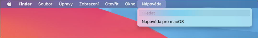 Část plochy s otevřenou nabídkou Nápověda, obsahující volby Hledat a Nápověda pro macOS