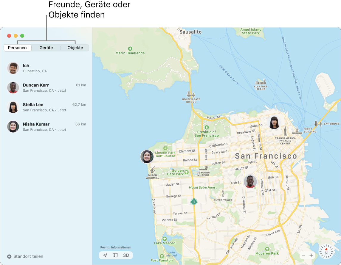Links ist der Tab „Freunde“ ausgewählt und rechts befindet sich eine Karte von San Francisco mit den Standorten von drei Freunden.