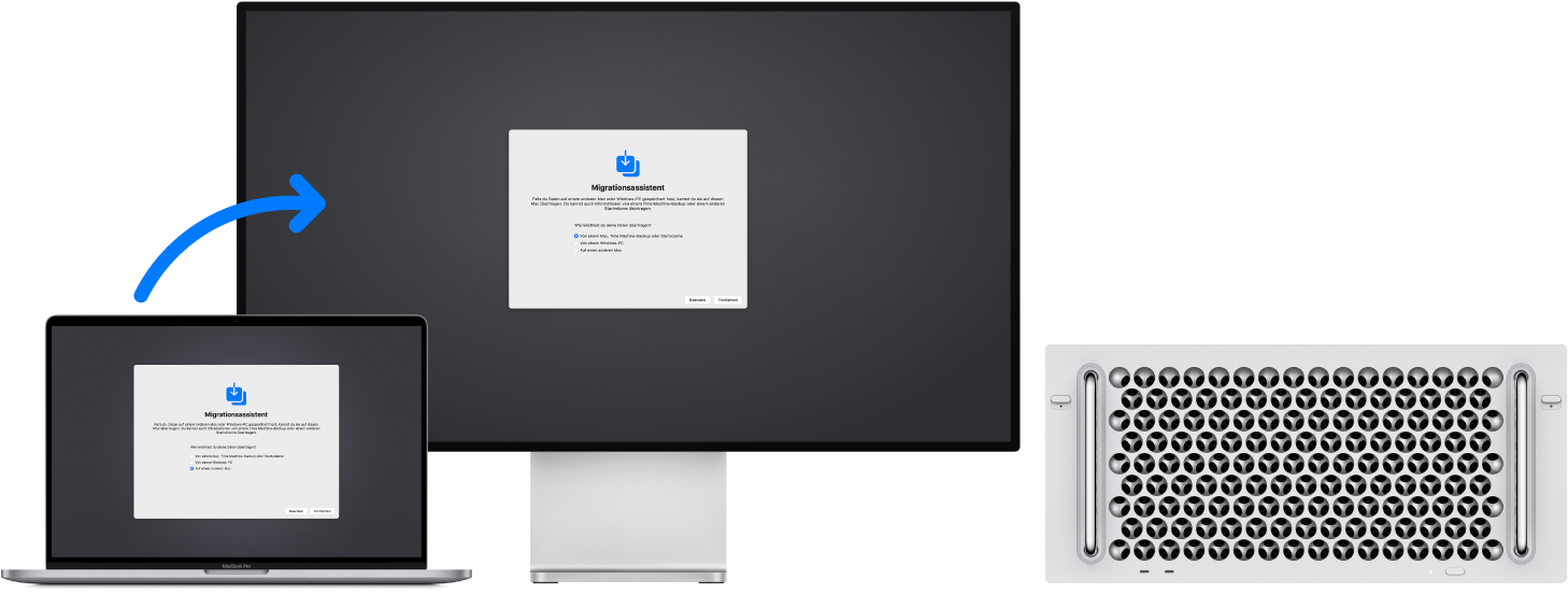 Ein MacBook mit dem Fenster des Migrationsassistenten, das mit einem Mac Pro verbunden ist, auf dem ebenfalls der Migrationsassistent angezeigt wird.
