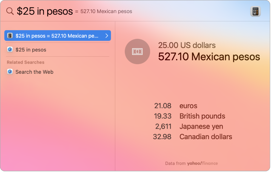 A screenshot showing dollars converted to pesos, with a top hit showing the conversion and several other selectable results.