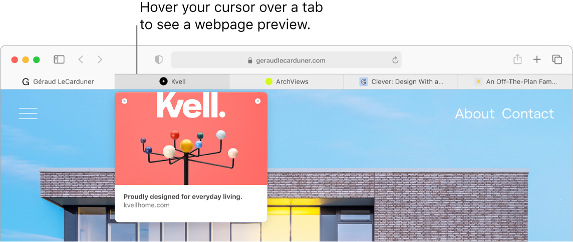 A Safari window with five tabs showing favicons as well as the tab label. Below one tab is a preview window of that tab’s contents.
