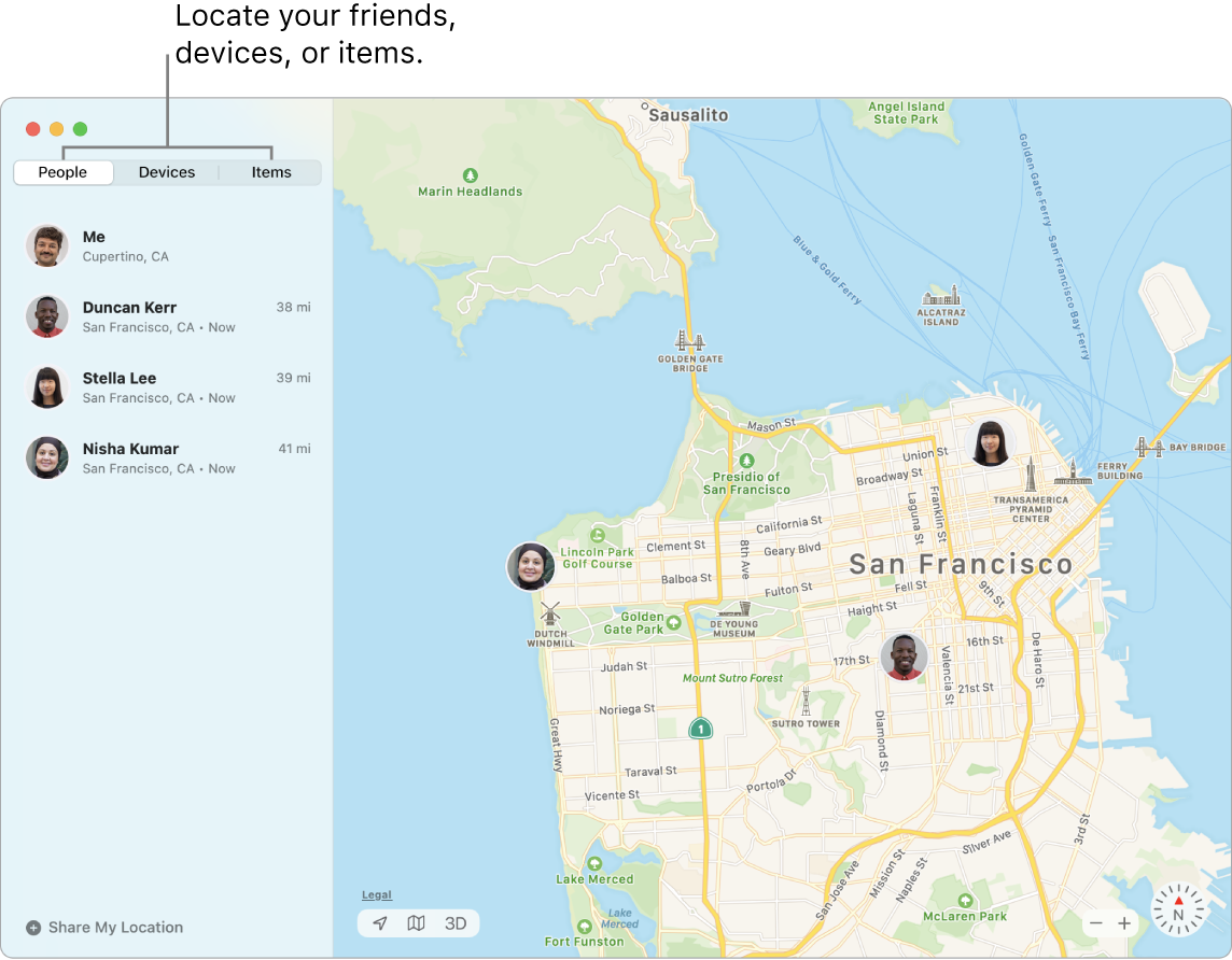 The People tab selected on the left and a map of San Francisco on the right with the locations of three friends.