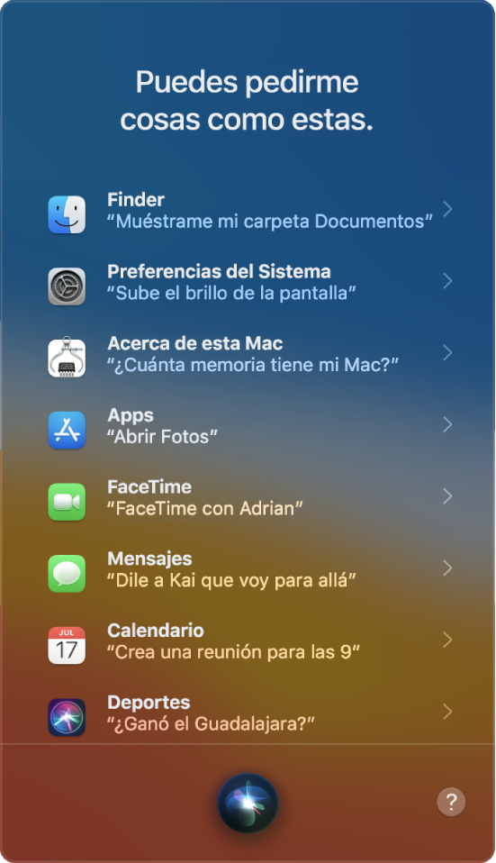 Una ventana de Siri con el encabezado "Puedes pedirme cosas como estas" y ejemplos de peticiones de Siri, tales como "¿Ganó el Guadalajara?".