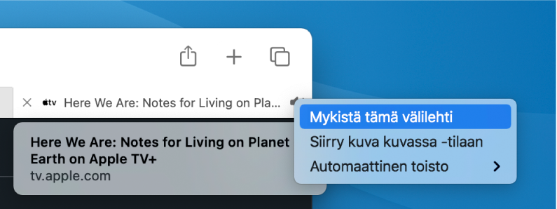 Ääni-kuvakkeen alivalikko, jossa ovat valinnat Mykistä tämä välilehti, Siirry kuva kuvassa -tilaan ja automaattisen toiston kohteet.