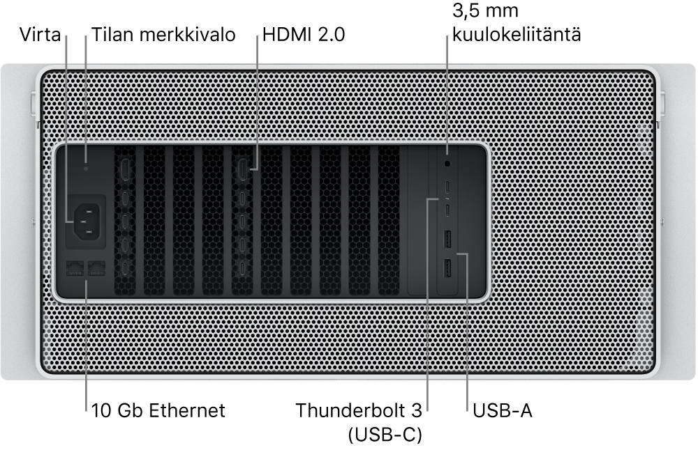 Mac Pron takaosa, jossa näkyy virtaliitäntä, merkkivalo, kaksi HDMI 2.0 -porttia, 3,5 mm kuulokeliitäntä, kaksi 10 Gigabit Ethernet -porttia, kaksi Thunderbolt 3 (USB-C) -porttia ja kaksi USB-A-porttia.