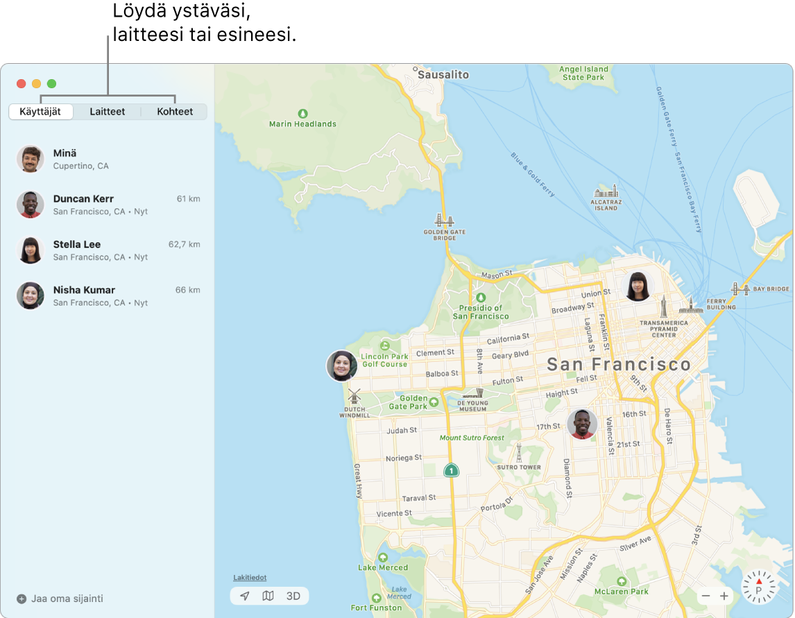 Näyttökuvassa näkyy Käyttäjät-välilehti valittuna vasemmalla ja oikealla San Franciscon kartta, jossa on kolmen ystävän sijainnit.