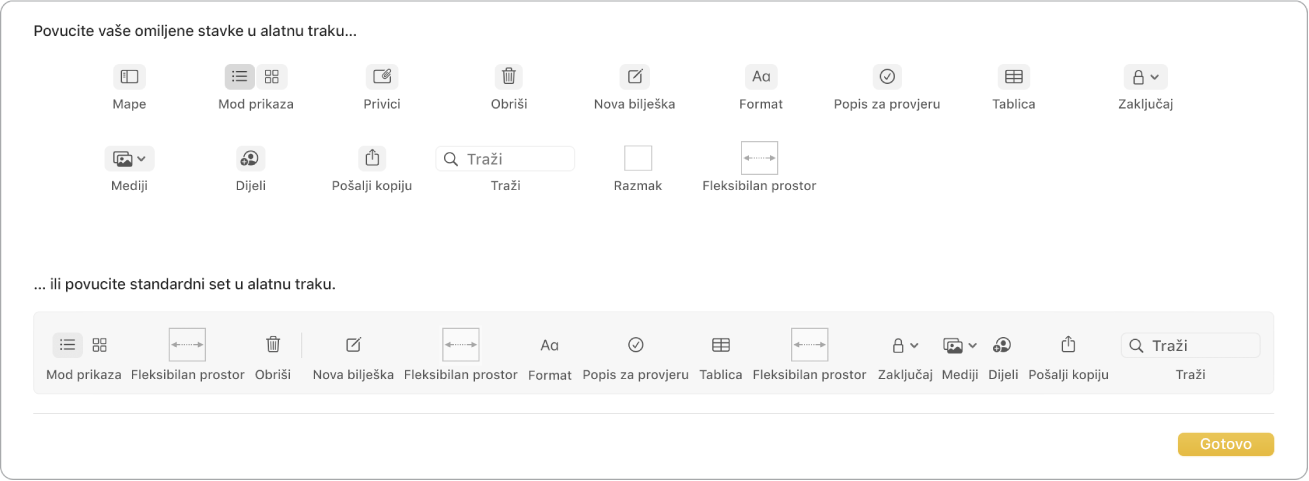 Prozor aplikacije Bilješke koji prikazuje opcije prilagođavanja alatne trake koje su dostupne.