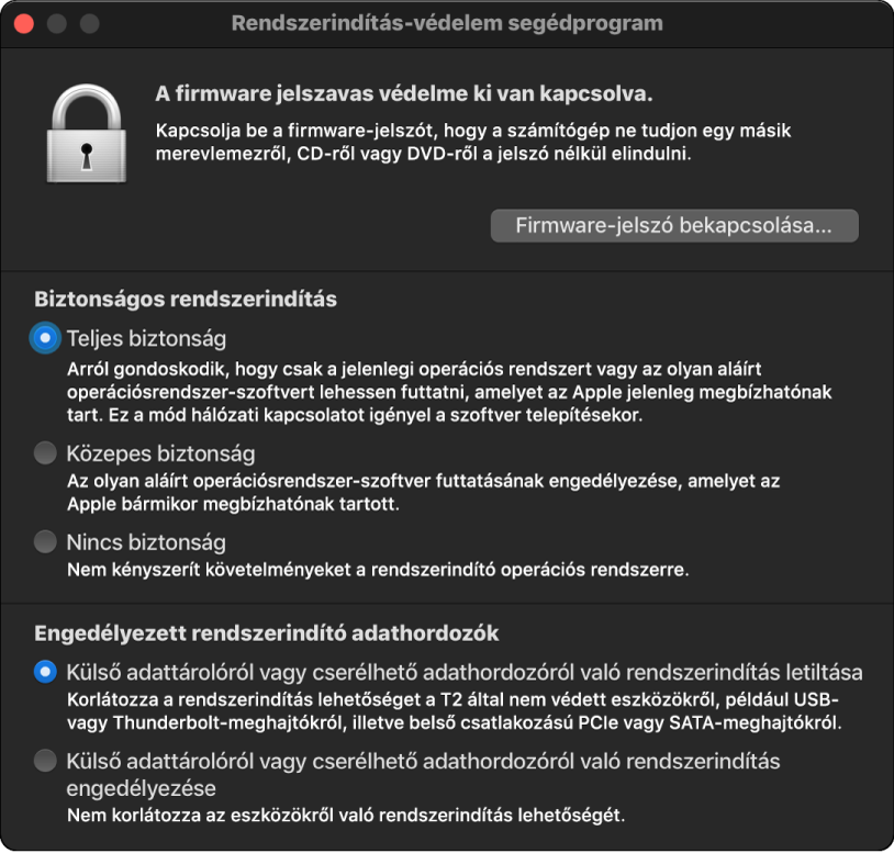 A Rendszerindítás-védelem segédprogram megnyitott ablaka, ahol be van jelölve a biztonságos rendszerindítás és a külső rendszerindítás lehetőség.