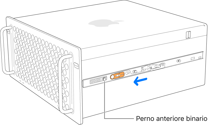 Mac Pro con binario che scorre in avanti e viene bloccato in posizione.