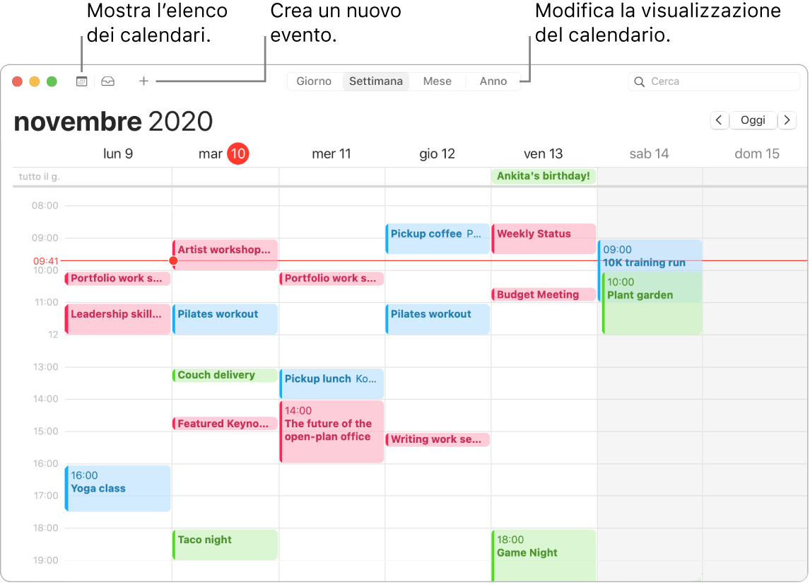 Una finestra di Calendario che mostra come creare un evento, visualizzare l'elenco dei calendari e scegliere la vista Giorno, Settimana, Mese o Anno.