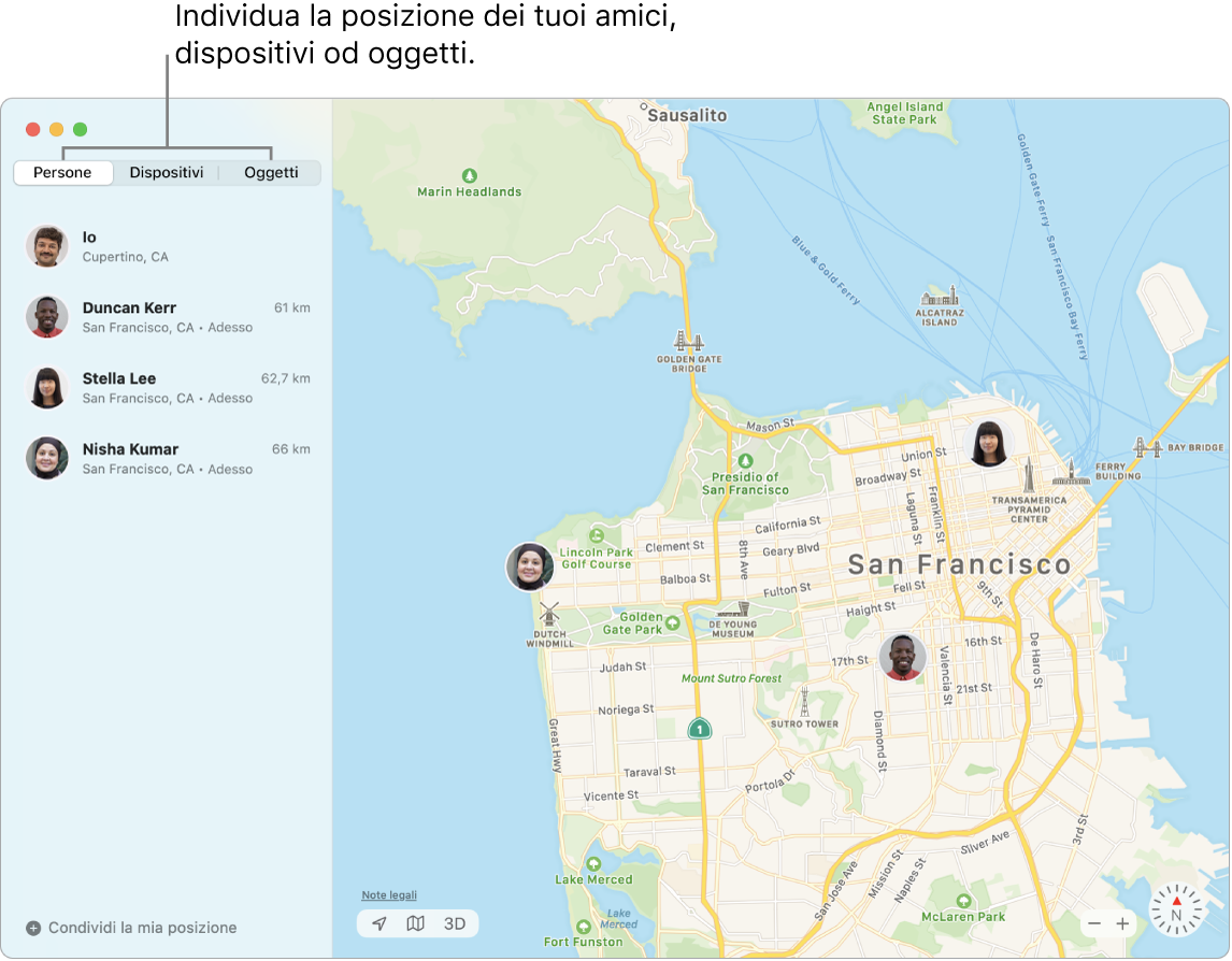 Il pannello Persone selezionato sulla sinistra e una mappa di San Francisco a destra con la posizione di tre amici.