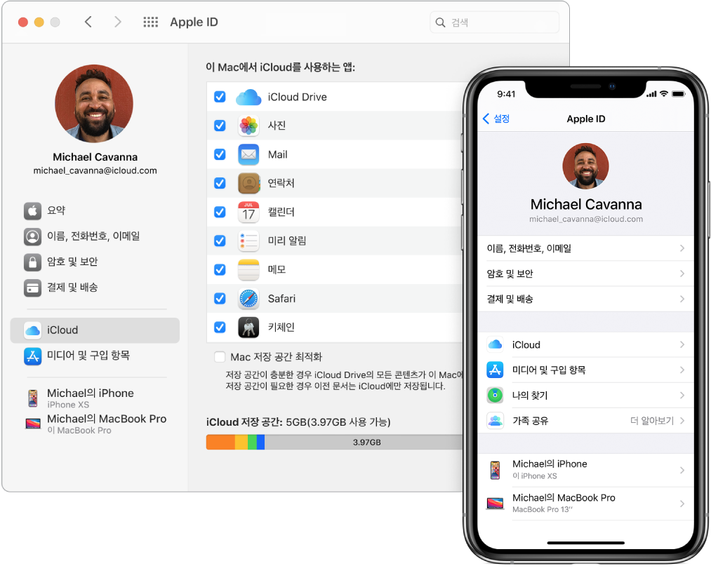 iPhone의 iCloud 설정 및 Mac의 iCloud 윈도우.