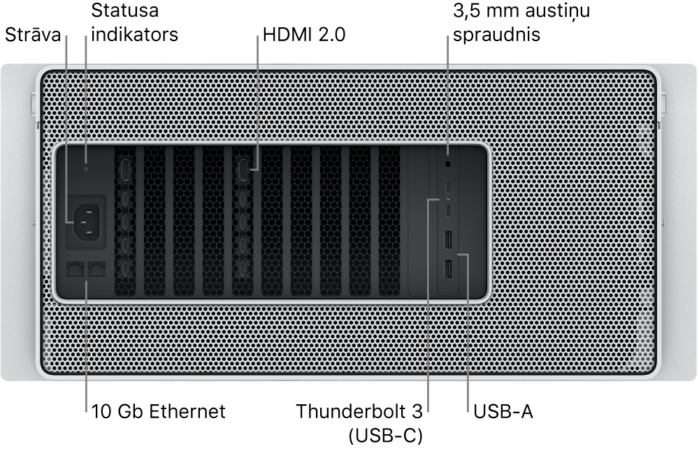 Skats uz Mac Pro aizmuguri; redzama strāvas pieslēgvieta, statusa indikatora gaismiņa, divi HDMI 2.0 porti, 3,5 mm austiņu ligzda, divi 10 Gigabitu Ethernet porti, divi Thunderbolt 3 (USB-C) porti un divi USB-A porti.