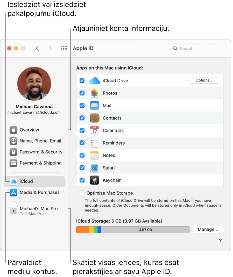 Apple ID rūts izvēlnē System Preferences. Noklikšķiniet uz elementa sānu joslā, lai atjauninātu savu konta informāciju, ieslēgtu vai izslēgtu pakalpojumu iCloud, pārvaldītu mediju kontus un skatītu visas ierīces, kurās esat pierakstījies ar savu Apple ID.