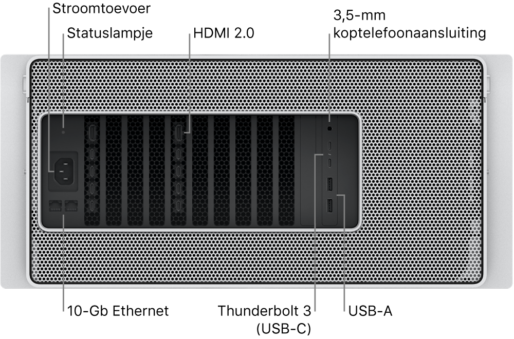 De achterkant van de Mac Pro met de poort voor het netsnoer, een statuslampje, twee HDMI 2.0-poorten, 3,5-mm koptelefoonaansluiting, twee 10 Gigabit Ethernet-poorten, twee Thunderbolt 3-poorten (USB-C) en twee USB-A-poorten.