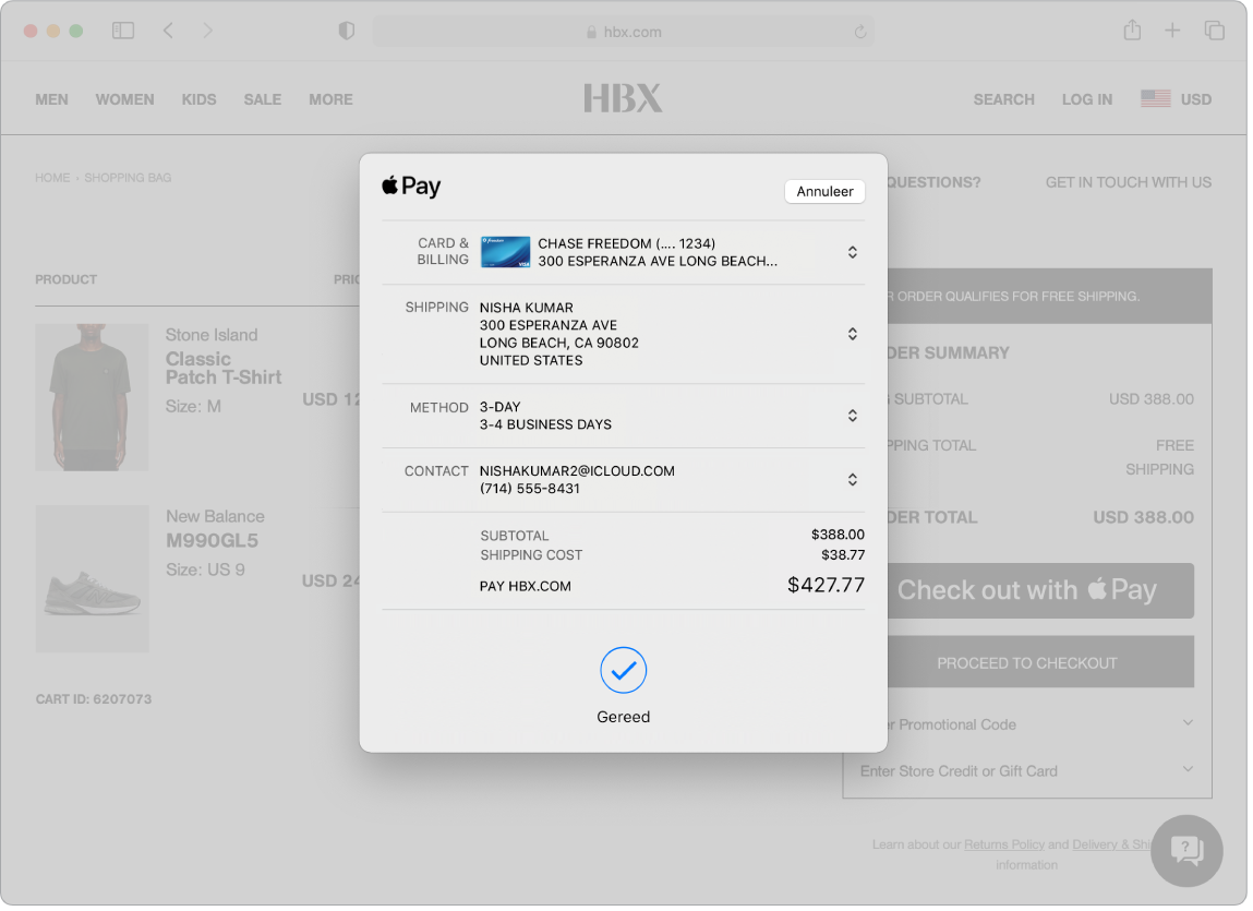 Een Mac-scherm met een online-aankoop in Safari waarbij de Apple Pay-optie wordt gebruikt.