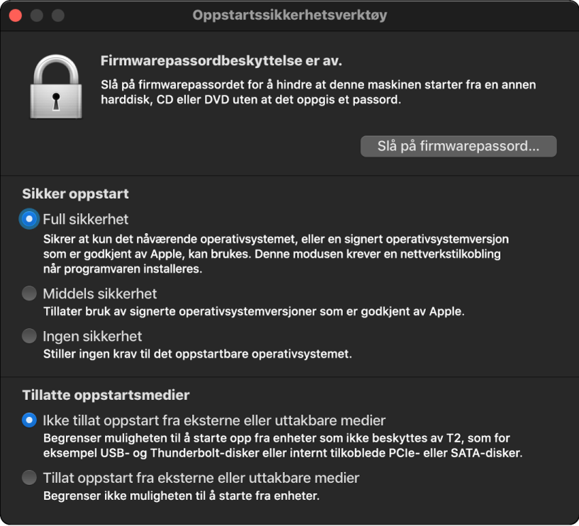 Oppstartssikkerhetsverktøy-vinduet er åpent med et valg krysset av for sikker oppstart, og et valg krysset av for ekstern oppstart.