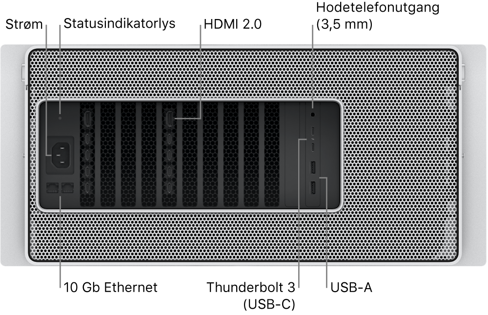 Baksiden av Mac Pro som viser strømporten, et statusindikatorlys, to HDMI 2.0-porter, 3,5 mm hodetelefoninngang, to 10 Gigabit Ethernet-porter, to Thunderbolt 3-porter (USB-C) og to USB-A-porter.