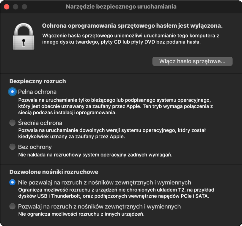 Otwarte okno aplikacji Narzędzie bezpiecznego uruchamiania z zaznaczoną opcją bezpiecznego uruchamiania oraz opcją uruchamiania z urządzenia zewnętrznego.