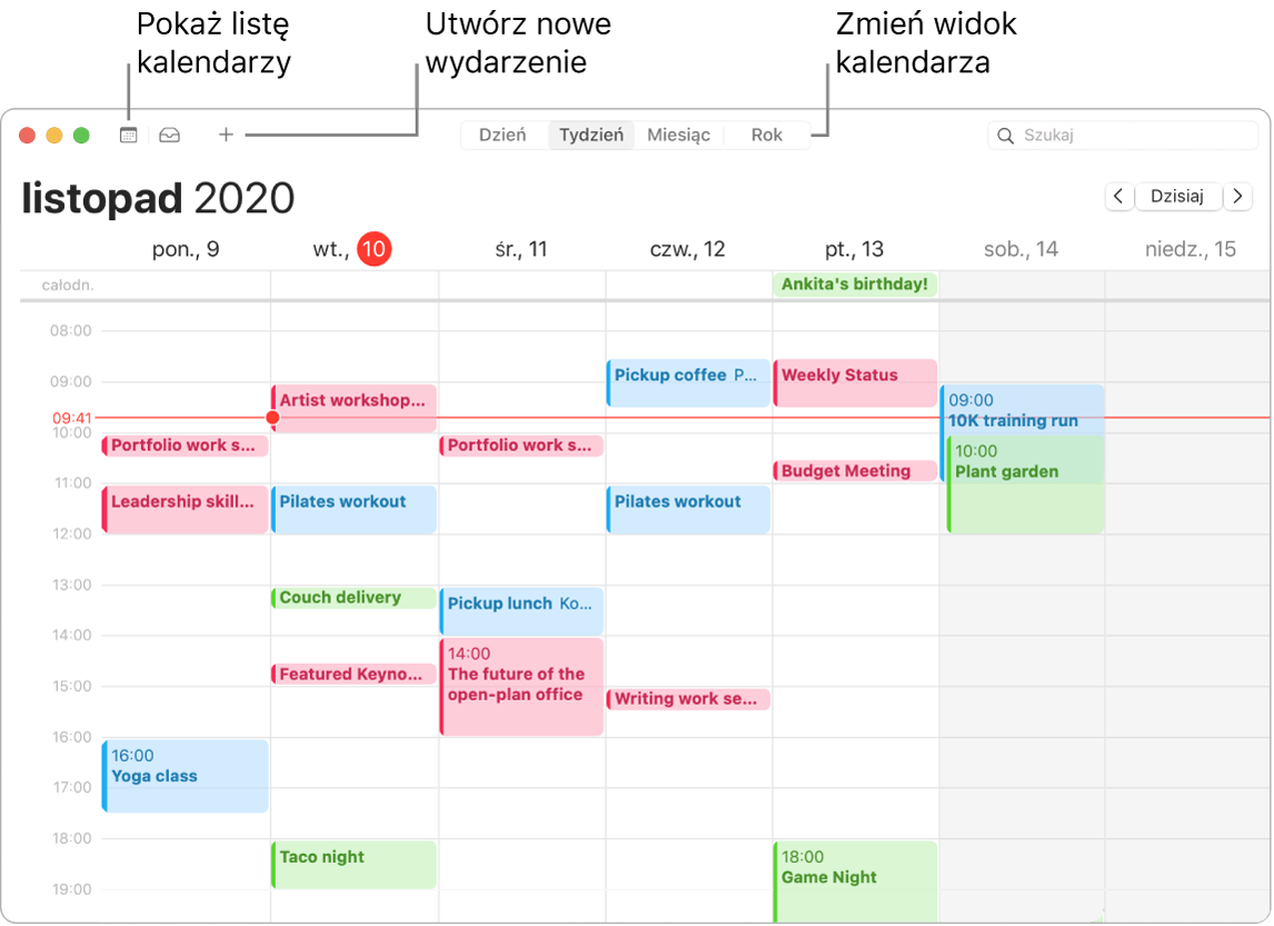 Okno Kalendarza pokazujące sposób tworzenia wydarzenia, wyświetlania listy kalendarzy oraz wybierania widoku dnia, tygodnia, miesiąca lub roku.