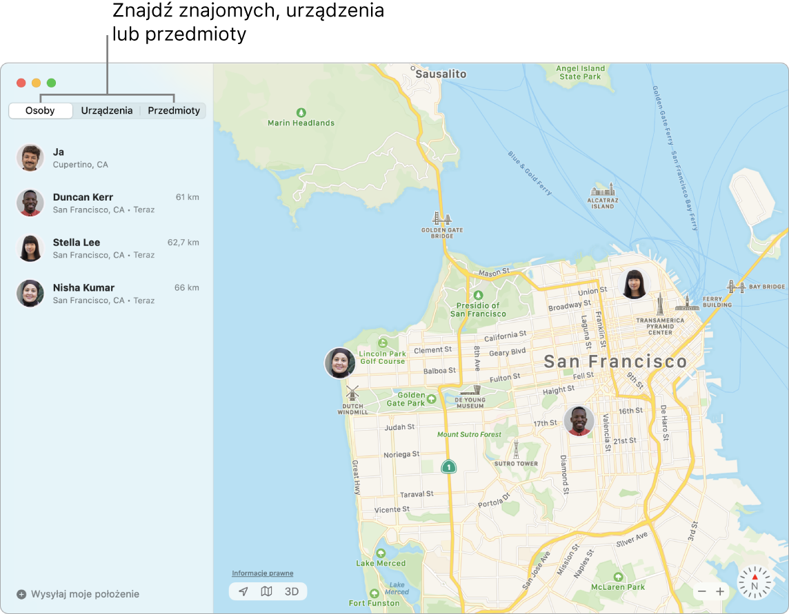 Zaznaczona karta Znajomi po lewej oraz mapa San Francisco po prawej. Na mapie wyświetlane jest położenie trzech znajomych.