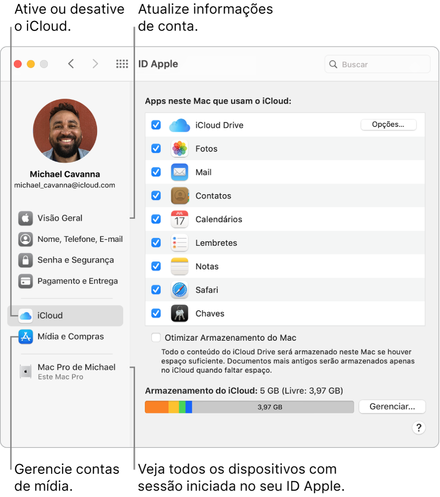 O painel ID Apple nas Preferências do Sistema. Clique em um item na barra lateral para atualizar suas informações de conta, ativar ou desativar o iCloud, gerenciar contas de mídia e ver todos os dispositivos com uma sessão iniciada com o seu ID Apple.