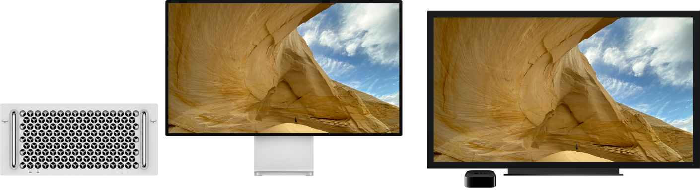 Mac Pro com seu conteúdo espelhado em uma HDTV grande usando uma Apple TV.