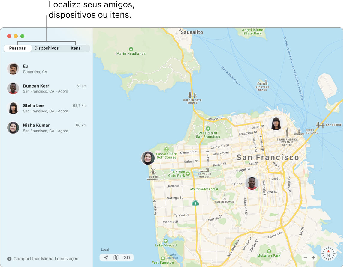 A aba Pessoas selecionada à esquerda e o mapa de San Francisco à direita com a localização de três amigos.