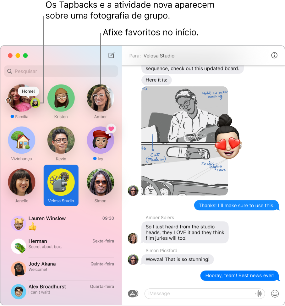 Uma janela da aplicação Mensagens com conversas de grupo afixadas na parte superior da coluna esquerda.