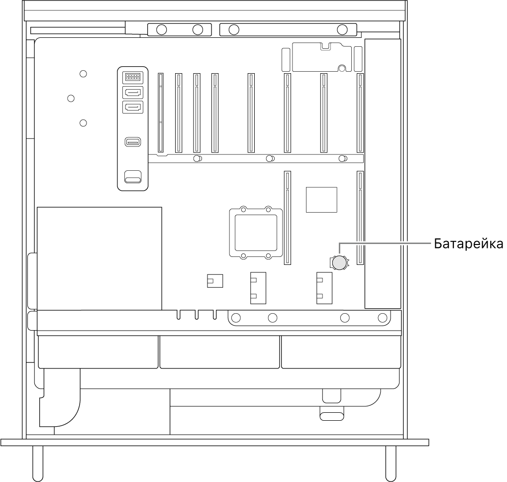 Вид сбоку на открытый Mac Pro с указанием места, где находится плоская круглая батарейка.