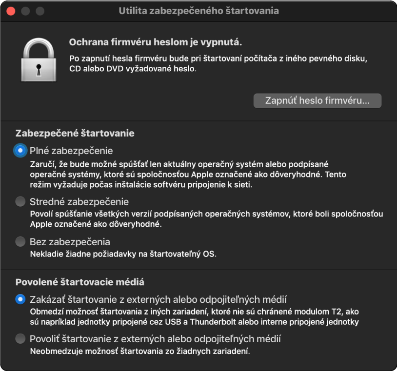 Otvorené okno Utility zabezpečeného štartovania so zaškrtnutou možnosťou zabezpečeného spúšťania a&nbsp;zaškrtnutou možnosťou externého spúšťania.