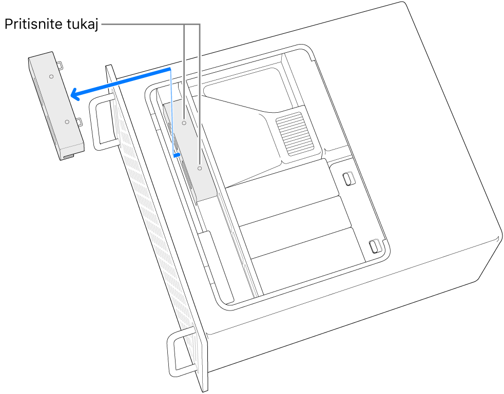 Računalnik Mac Pro na stranici s prikazom mesta pritiska za odstranitev pokrova SSD-ja.